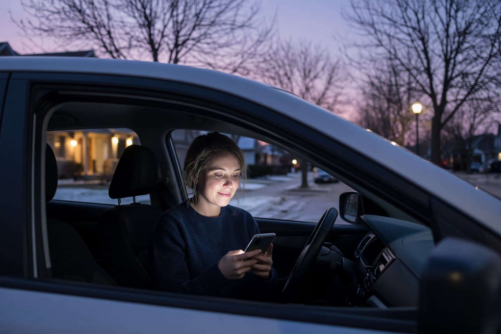 A woman sitting in the driver's seat of her parked car at dusk, smiling at her phone